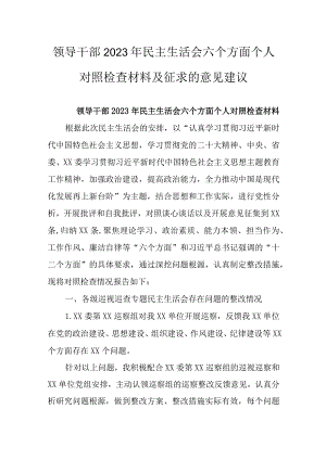 领导干部2023年民主生活会六个方面个人对照检查材料及征求的意见建议.docx