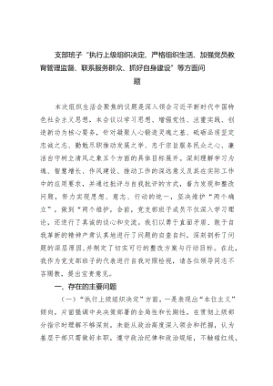 支部班子“执行上级组织决定、严格组织生活、加强党员教育管理监督、联系服务群众、抓好自身建设”等方面问题五篇合集.docx