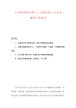 公司纪委委员学习十九届纪委六次全会精神心得体会.docx