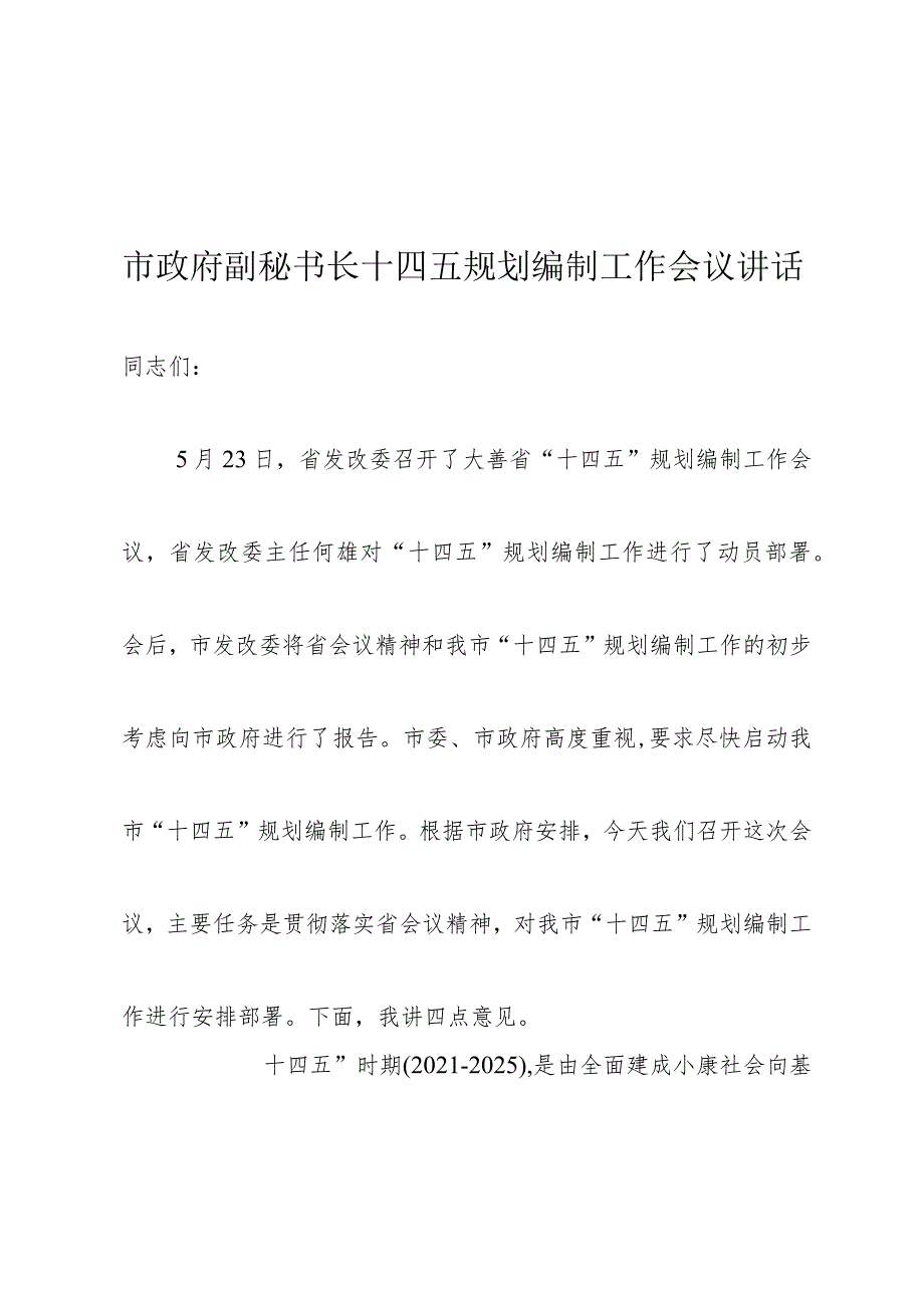 市政府副秘书长十四五规划编制工作会议讲话.docx_第1页