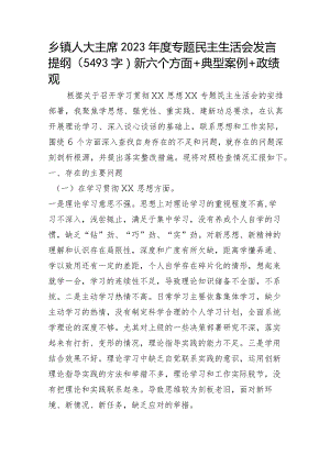 乡镇人大主席2023年度专题民主生活会发言提纲（践行宗旨等6个方面+典型案例+“新形象工程+政绩观）.docx