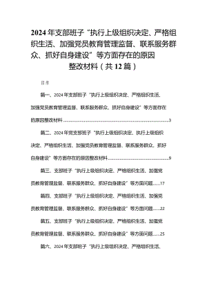 2024年支部班子“执行上级组织决定、严格组织生活、加强党员教育管理监督、联系服务群众、抓好自身建设”等方面存在的原因整改材料(精选12篇).docx