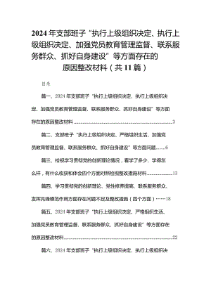 （11篇）2024年支部班子“执行上级组织决定、执行上级组织决定、加强党员教育管理监督、联系服务群众、抓好自身建设”等方面存在的原因整改材料精选.docx