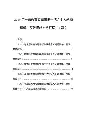 2023年主题教育组织生活会个人问题清单、整改措施材料汇编（5篇）.docx