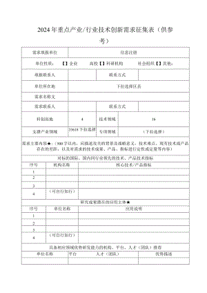 2024年重点产业行业技术创新需求征集表（供参考）.docx