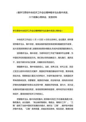 2篇学习贯彻中央经济工作会议精神稳字当头稳中求进、六个统筹心得体会、发言材料.docx