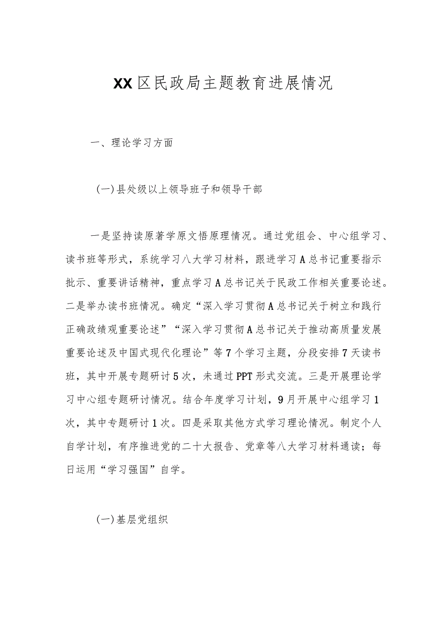 XX区民政局主题教育进展情况.docx_第1页