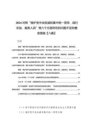 2024对照“维护党中央权威和集中统一领导践行宗旨、服务人民”等六个方面存在的问题不足和整改措施【八篇】.docx
