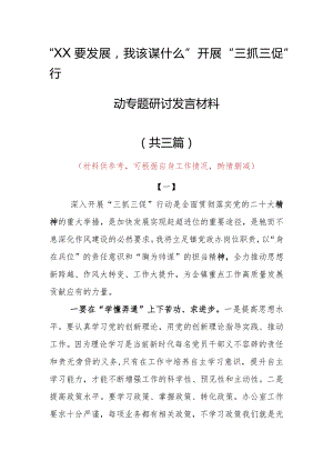 “XX要发展、我该谋什么”三抓三促专题研讨交流个人心得体会发言材料（共3篇）.docx
