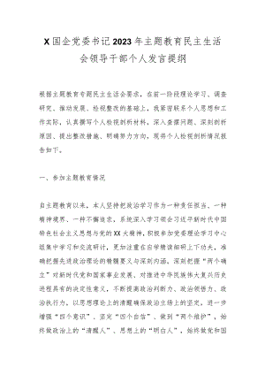 【精品公文】X国企党委书记2023年主题教育民主生活会领导干部个人发言提纲.docx