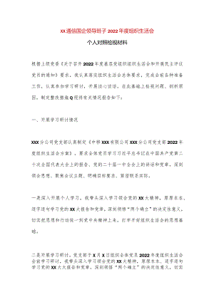 【最新党政公文】XX通信国企领导班子2022年度组织生活会个人对照检视材料（完整版）.docx