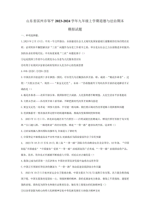 山东省滨州市邹平2023-2024学年九年级上册道德与法治期末检测试卷（附答案）.docx