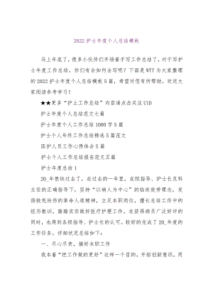 【精品文档】2022护士年度个人总结模板（整理版）.docx