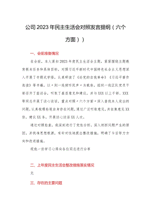 公司2023年民主生活会对照发言提纲（六个方面））.docx