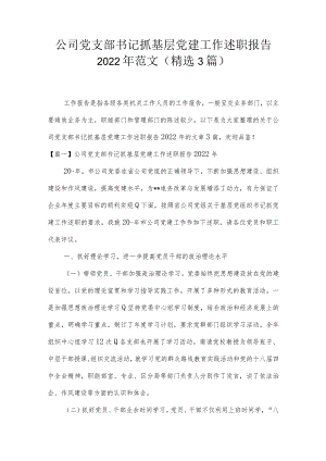 公司党支部书记抓基层党建工作述职报告2022年范文(精选3篇).docx