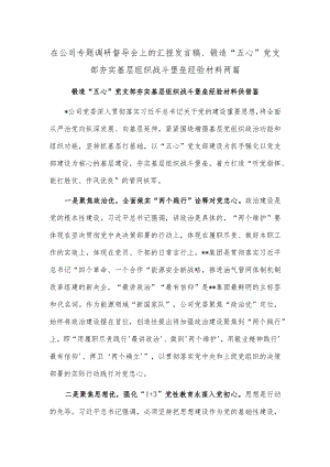 在公司专题调研督导会上的汇报发言稿、锻造“五心”党支部夯实基层组织战斗堡垒经验材料两篇.docx