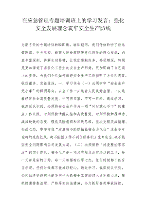 在应急管理专题培训班上的学习发言：强化安全发展理念筑牢安全生产防线.docx