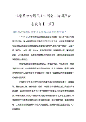 巡察整改专题民主生活会主持词及表态发言【三篇】.docx