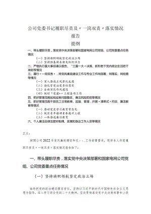 公司党委书记履职尽责及“一岗双责”落实情况报告.docx