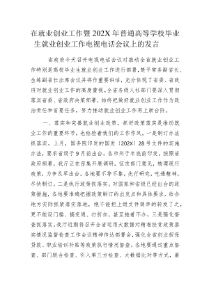 在就业创业工作暨202X年普通高等学校毕业生就业创业工作电视电话会议上的发言.docx