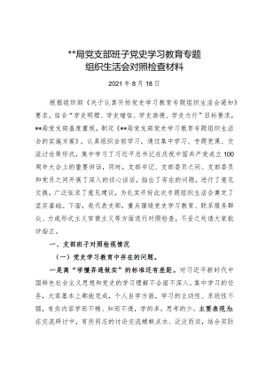 党支部班子党史学习教育专题组织生活会对照检查材料.docx