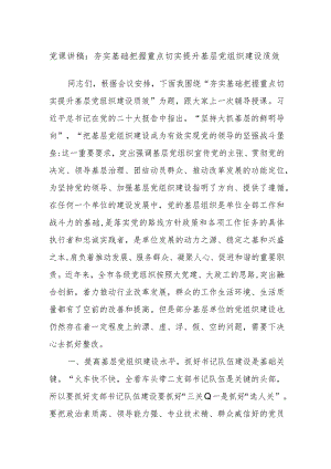 党课讲稿：夯实基础把握重点切实提升基层党组织建设质效.docx