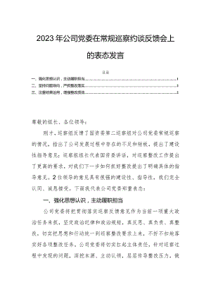 2023年公司党委在常规巡察约谈反馈会上的表态发言.docx