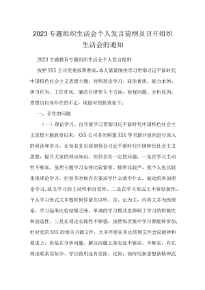 2023专题组织生活会个人发言提纲及召开组织生活会的通知.docx