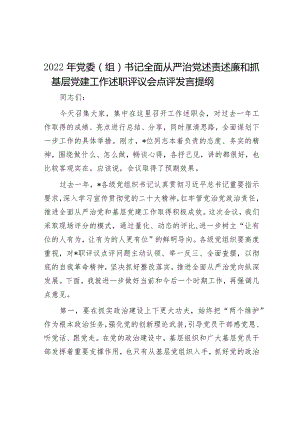 2022年党委（组）书记全面从严治党述责述廉和抓基层党建工作述职评议会点评发言提纲.docx