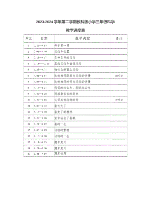 2023-2024学年第二学期教科版小学三年级科学教学进度表.docx