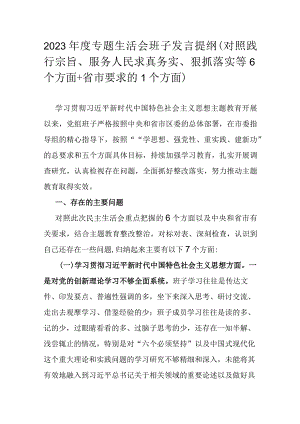 2023年度专题生活会班子发言提纲（对照践行宗旨、服务人民求真务实、狠抓落实等6个方面+省市要求的1个方面）.docx