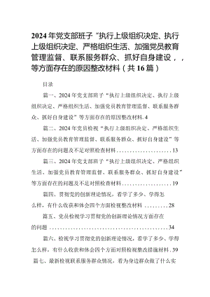 2024年党支部班子“执行上级组织决定、执行上级组织决定、严格组织生活、加强党员教育管理监督、联系服务群众、抓好自身建设”等方面存在.docx