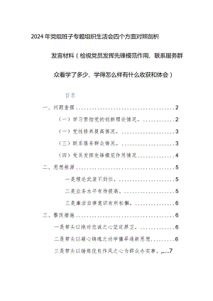 2024年党组班子专题组织生活会四个方面对照剖析发言材料（检视党员发挥先锋模范作用、联系服务群众看学了多少、学得怎么样有什么收获和体会.docx
