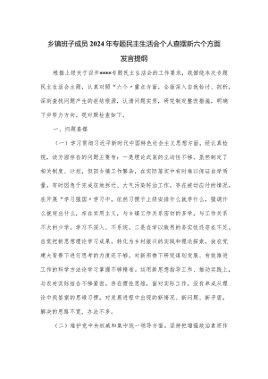乡镇班子成员2024年专题民主生活会个人查摆新六个方面发言提纲.docx