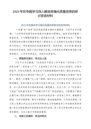 2023年在专题学习深入解放思强化质量效率的研讨发言材料.docx