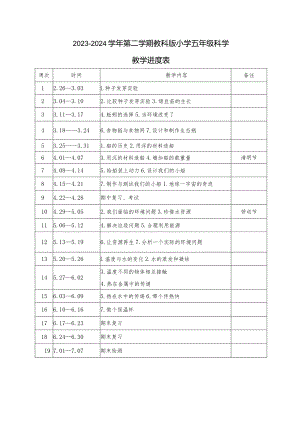 2023-2024学年第二学期教科版小学五年级科学教学进度表.docx