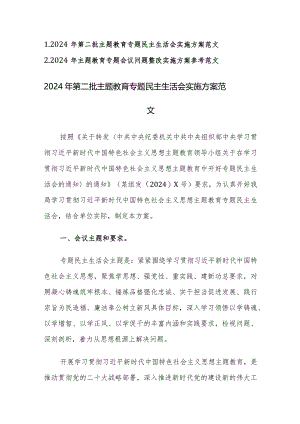2024年第二批主题教育专题民主生活会实施方案及民主生活会会议问题整改实施方案参考范文2篇汇编.docx