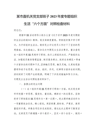 某市直机关党支部班子2023年度专题组织生活“六个方面”对照检查材料.docx