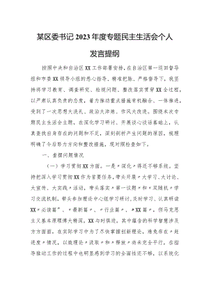 某区委书记2023年度专题民主生活会个人发言提纲.docx