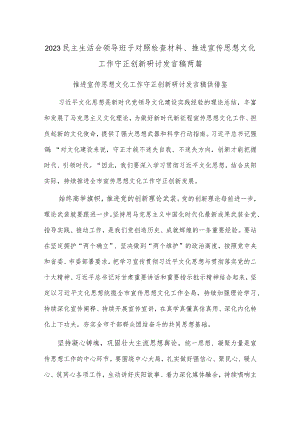 2023民主生活会领导班子对照检查材料、推进宣传思想文化工作守正创新研讨发言稿两篇.docx