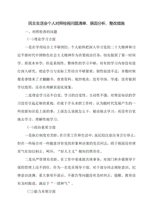民主生活会个人对照检视问题清单、原因分析、整改措施.docx