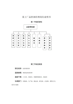 某工厂品控部经理岗位说明书.docx