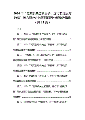 2024年“党政机关过紧日子、厉行节约反对浪费”等方面存在的问题原因分析整改措施范文13篇（详细版）.docx