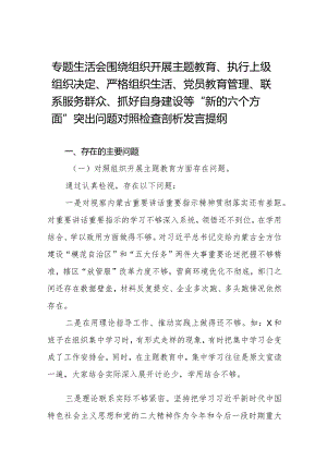 (党支部班子)围绕组织开展主题教育、执行上级组织决定、严格组织生活、加强党员教育管理监督、联系服务群众、抓好自身建设6个方面对照检.docx