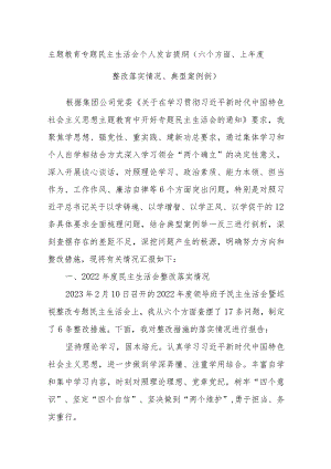 主题教育专题民主生活会个人发言提纲（六个方面、上年度整改落实情况、典型案例剖）.docx