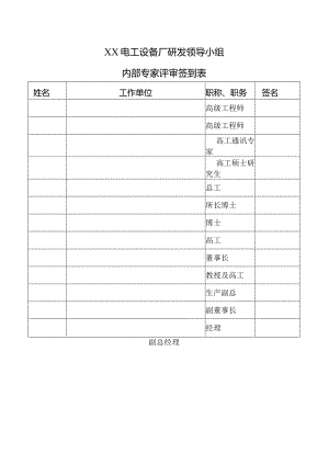 XX电工设备厂研发领导小组内部专家评审签到表（2024年）.docx