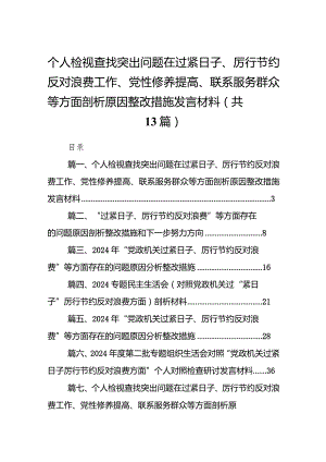 2024个人检视查找突出问题在过紧日子、厉行节约反对浪费工作、党性修养提高、联系服务群众等方面剖析原因整改措施发言材料13篇（精编版）.docx