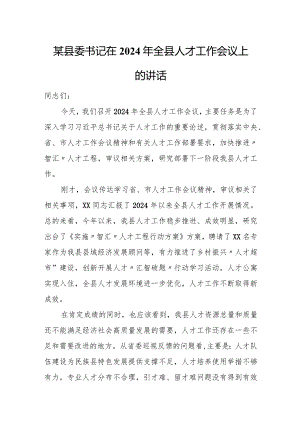 某县委书记在2024年全县人才工作会议上的讲话.docx