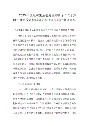 2023年度组织生活会党支部班子“六个方面”对照检查材料范文和批评与自我批评意见.docx