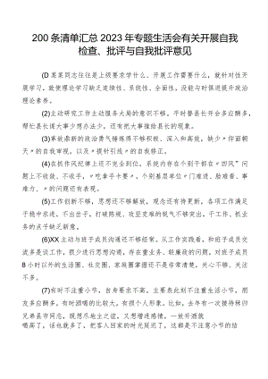 200条清单汇总2023年专题生活会有关开展自我检查、批评与自我批评意见.docx